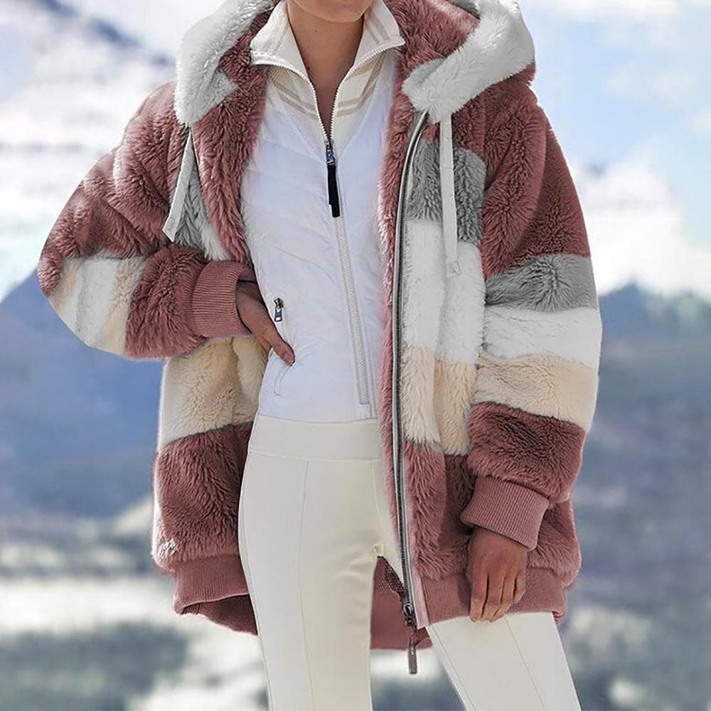 2025 Plush Winter Jacket with Colorblock Hood and Pockets for Women