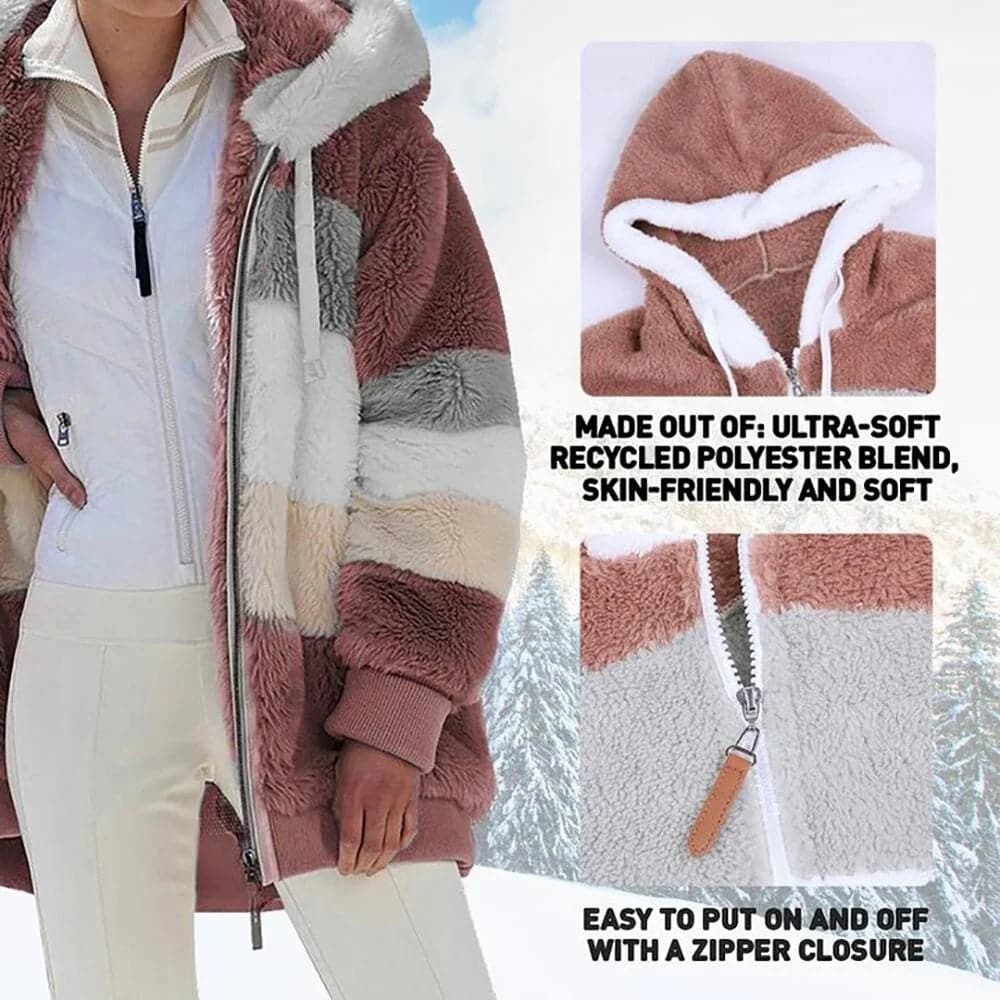 2025 Plush Winter Jacket with Colorblock Hood and Pockets for Women