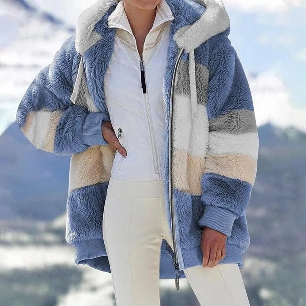 2025 Plush Winter Jacket with Colorblock Hood and Pockets for Women