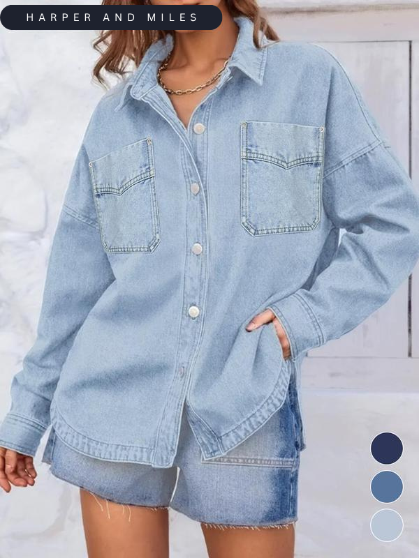 Women's Plain Button Front Drop Shoulder Curved Hem Denim Jacket, Casual Long Sleeve Pocket Design Collar Outerwear for Daily Wear, Ladies Clothes for All Seasons