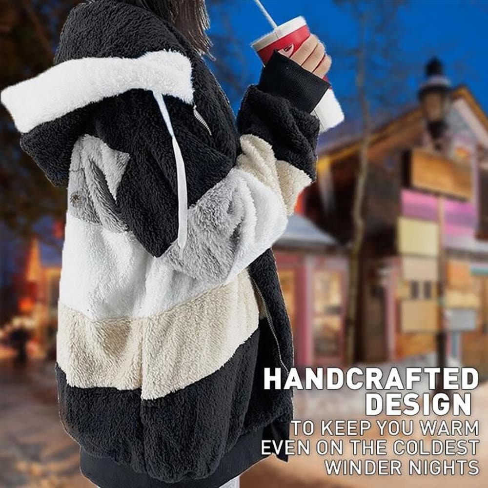2025 Plush Winter Jacket with Colorblock Hood and Pockets for Women