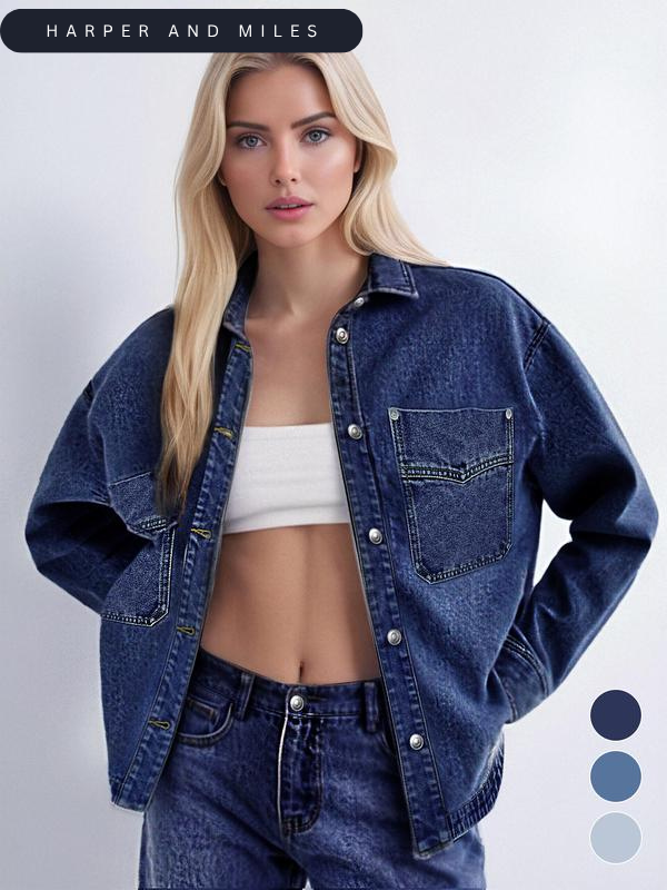 Women's Plain Button Front Drop Shoulder Curved Hem Denim Jacket, Casual Long Sleeve Pocket Design Collar Outerwear for Daily Wear, Ladies Clothes for All Seasons