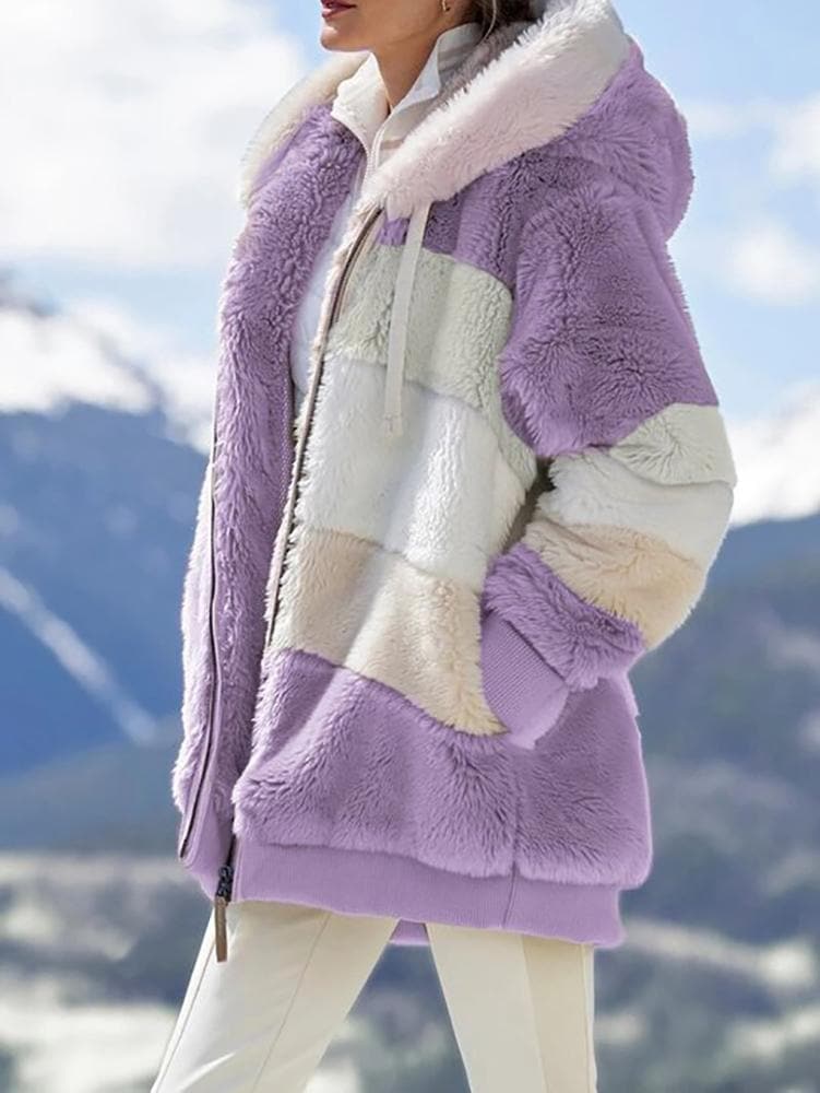 2025 Plush Winter Jacket with Colorblock Hood and Pockets for Women