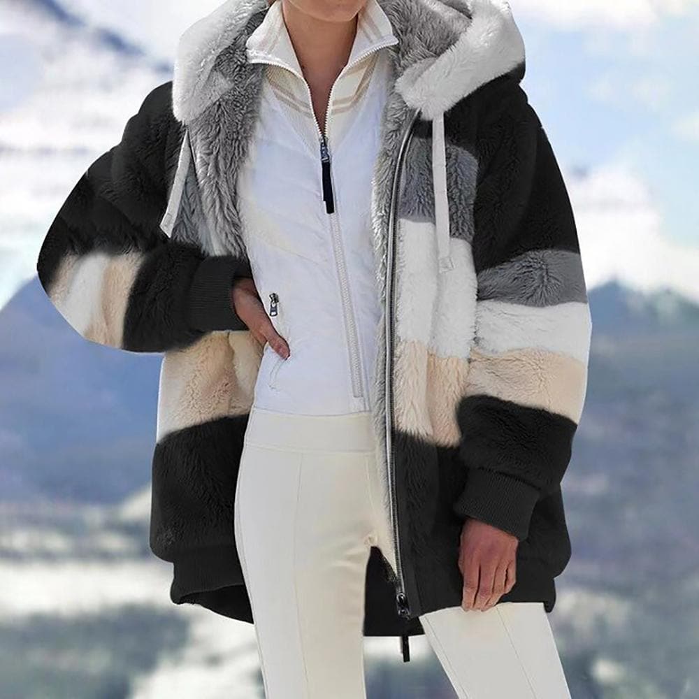 2025 Plush Winter Jacket with Colorblock Hood and Pockets for Women