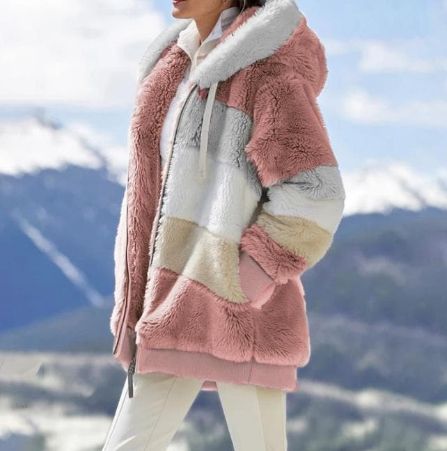 2025 Plush Winter Jacket with Colorblock Hood and Pockets for Women
