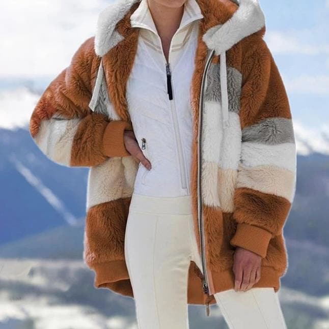 2025 Plush Winter Jacket with Colorblock Hood and Pockets for Women