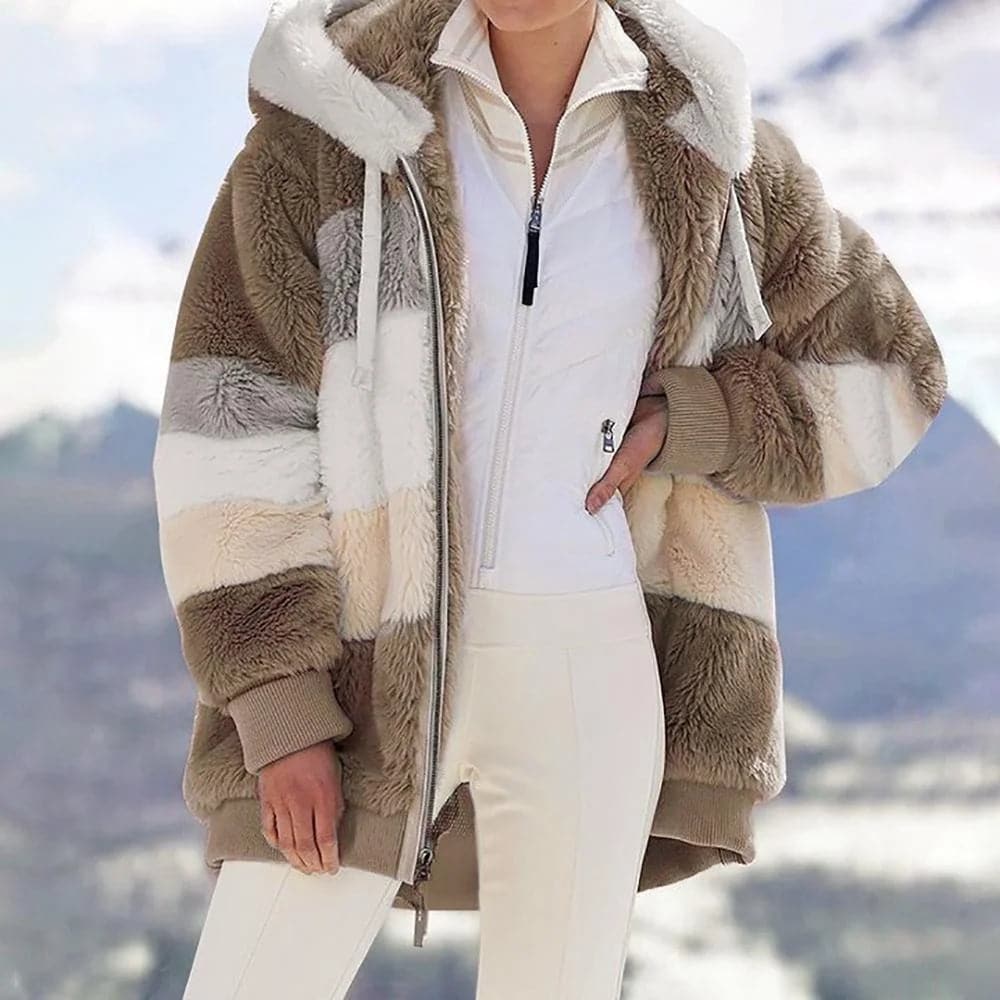 2025 Plush Winter Jacket with Colorblock Hood and Pockets for Women