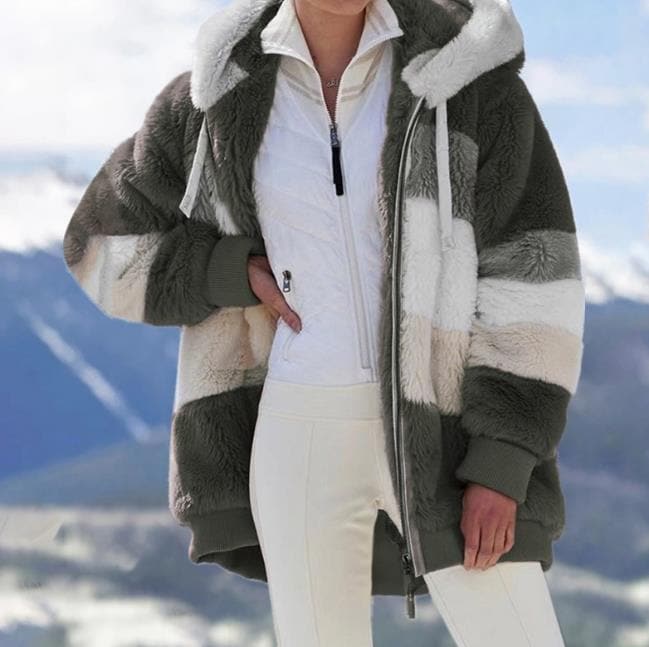 2025 Plush Winter Jacket with Colorblock Hood and Pockets for Women