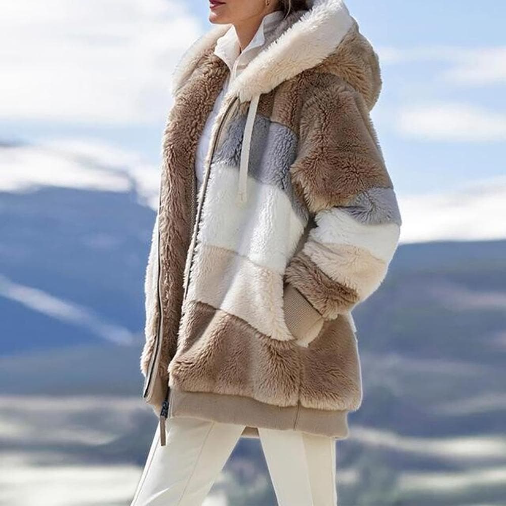 2025 Plush Winter Jacket with Colorblock Hood and Pockets for Women