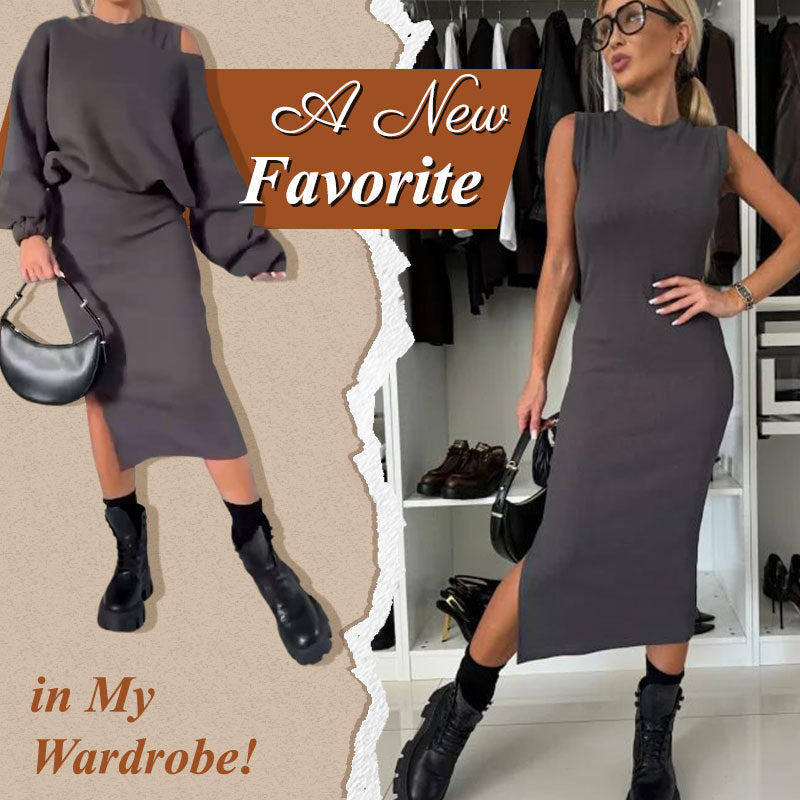 Women's set with off-shoulder, sweatshirt, and sleeveless dress