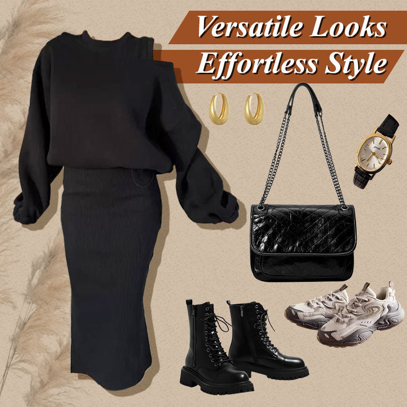 Women's set with off-shoulder, sweatshirt, and sleeveless dress