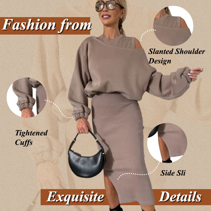 Women's set with off-shoulder, sweatshirt, and sleeveless dress