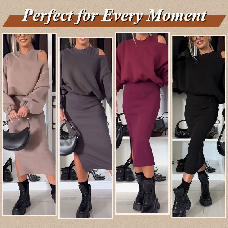 Women's set with off-shoulder, sweatshirt, and sleeveless dress