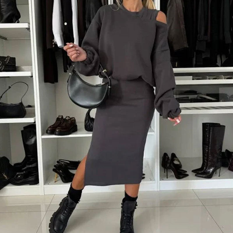 Women's set with off-shoulder, sweatshirt, and sleeveless dress