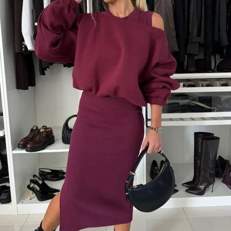 Women's set with off-shoulder, sweatshirt, and sleeveless dress