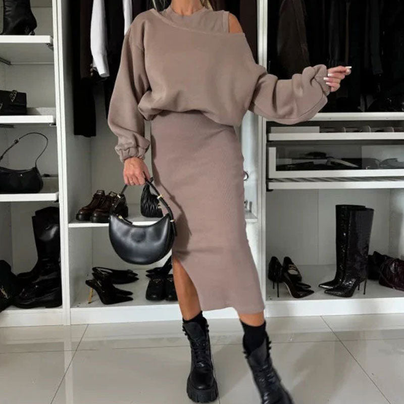 Women's set with off-shoulder, sweatshirt, and sleeveless dress