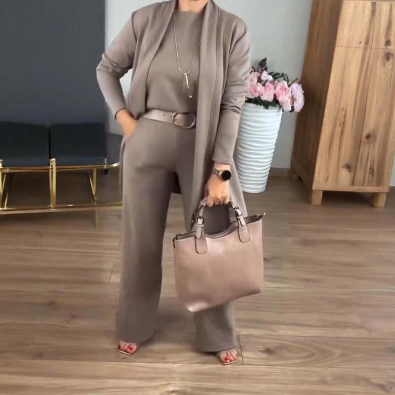 Elegant 3-Piece Set Including a Long Cardigan, Top, and Pants