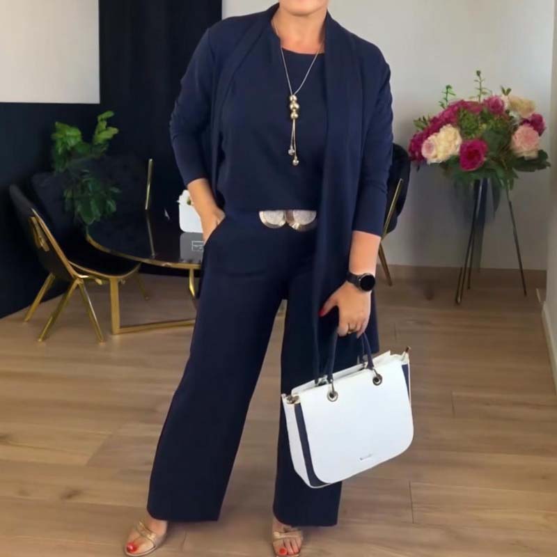 Elegant 3-Piece Set Including a Long Cardigan, Top, and Pants