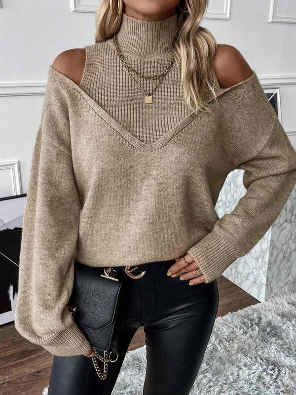 Women's Plain Cut Out High Neck Sweater, Casual Drop Shoulder Long Sleeve Jumper for Fall & Winter, Fashion Ladies' Knitwear for Daily Wear
