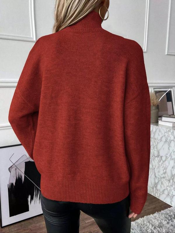 Women's Plain Cut Out High Neck Sweater, Casual Drop Shoulder Long Sleeve Jumper for Fall & Winter, Fashion Ladies' Knitwear for Daily Wear