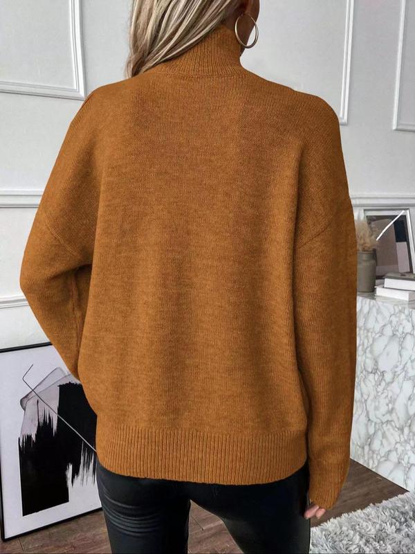 Women's Plain Cut Out High Neck Sweater, Casual Drop Shoulder Long Sleeve Jumper for Fall & Winter, Fashion Ladies' Knitwear for Daily Wear