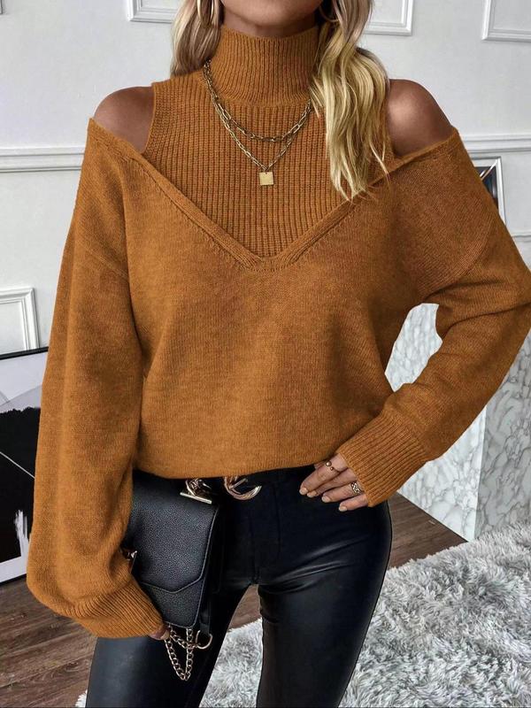 Women's Plain Cut Out High Neck Sweater, Casual Drop Shoulder Long Sleeve Jumper for Fall & Winter, Fashion Ladies' Knitwear for Daily Wear