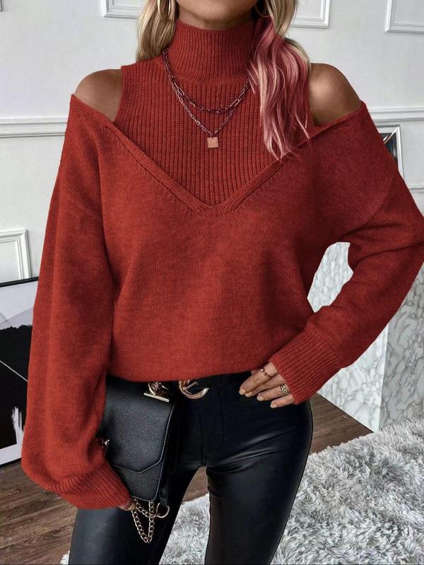 Women's Plain Cut Out High Neck Sweater, Casual Drop Shoulder Long Sleeve Jumper for Fall & Winter, Fashion Ladies' Knitwear for Daily Wear