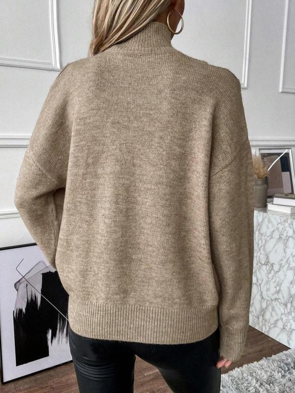 Women's Plain Cut Out High Neck Sweater, Casual Drop Shoulder Long Sleeve Jumper for Fall & Winter, Fashion Ladies' Knitwear for Daily Wear