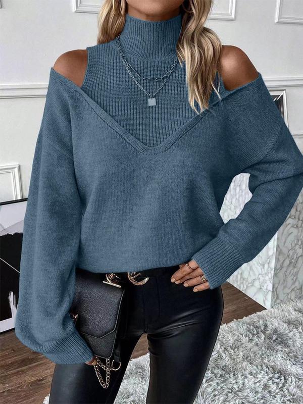 Women's Plain Cut Out High Neck Sweater, Casual Drop Shoulder Long Sleeve Jumper for Fall & Winter, Fashion Ladies' Knitwear for Daily Wear