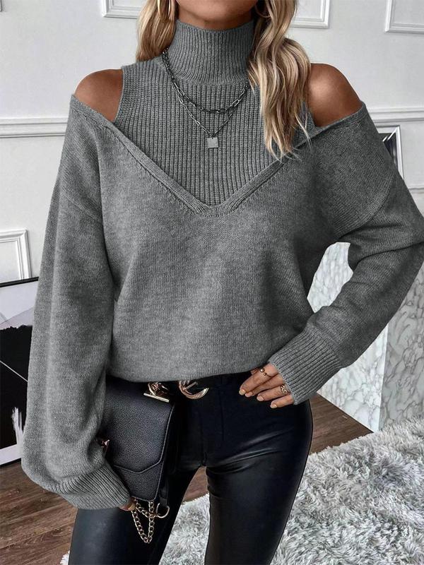 Women's Plain Cut Out High Neck Sweater, Casual Drop Shoulder Long Sleeve Jumper for Fall & Winter, Fashion Ladies' Knitwear for Daily Wear