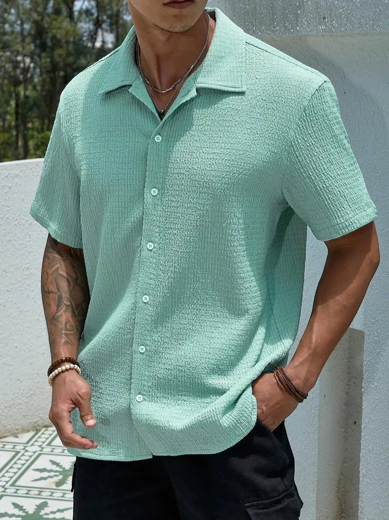 Men's Casual Shirt with Camp Collar and Short Sleeve
