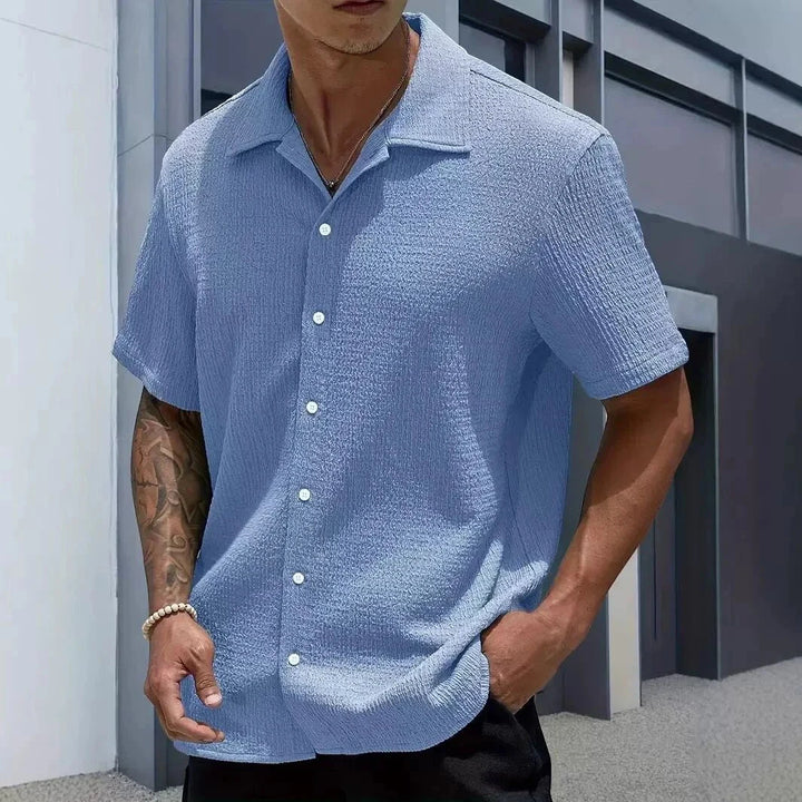 Men's Casual Shirt with Camp Collar and Short Sleeve