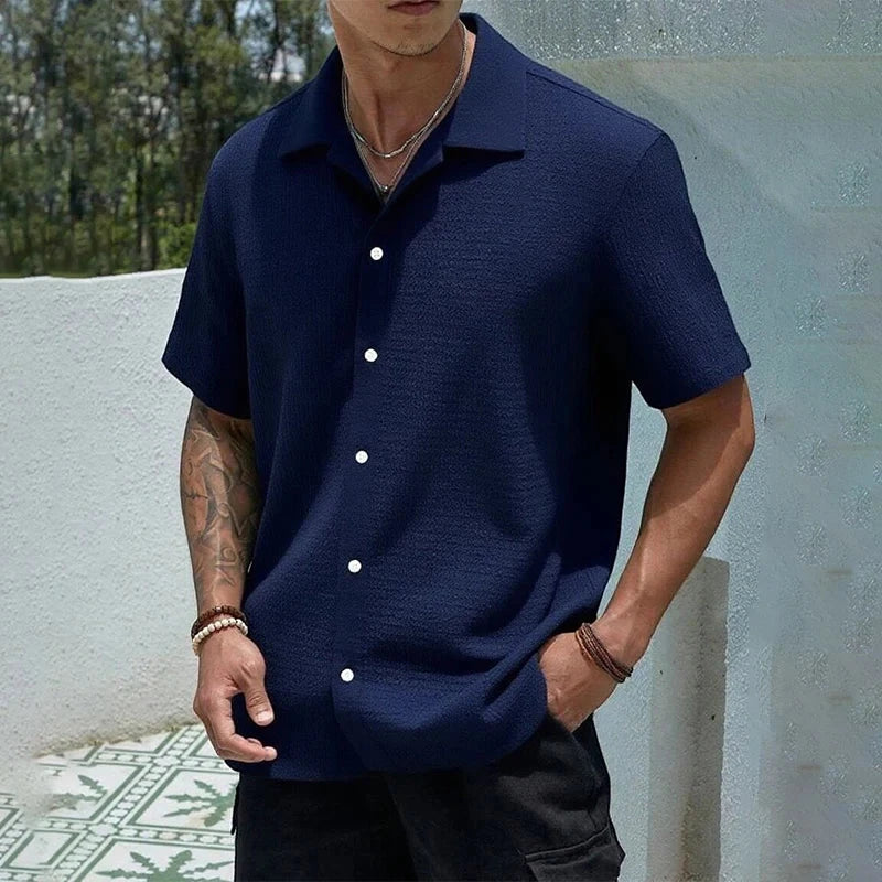 Men's Casual Shirt with Camp Collar and Short Sleeve