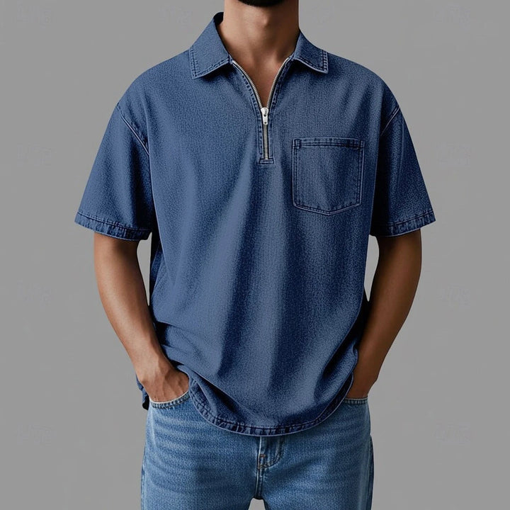Men's Casual Short Sleeve Polo Shirt with Zip Neck and Pockets