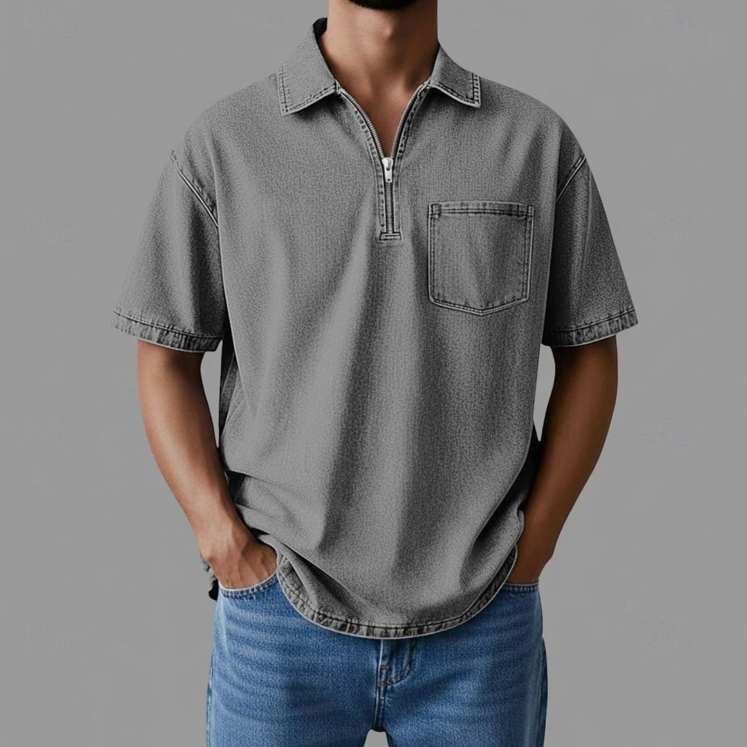 Men's Casual Short Sleeve Polo Shirt with Zip Neck and Pockets