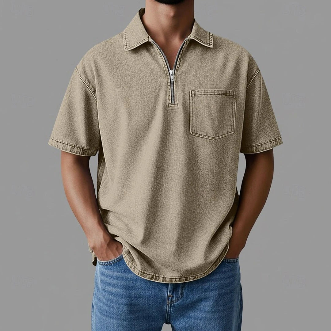Men's Casual Short Sleeve Polo Shirt with Zip Neck and Pockets