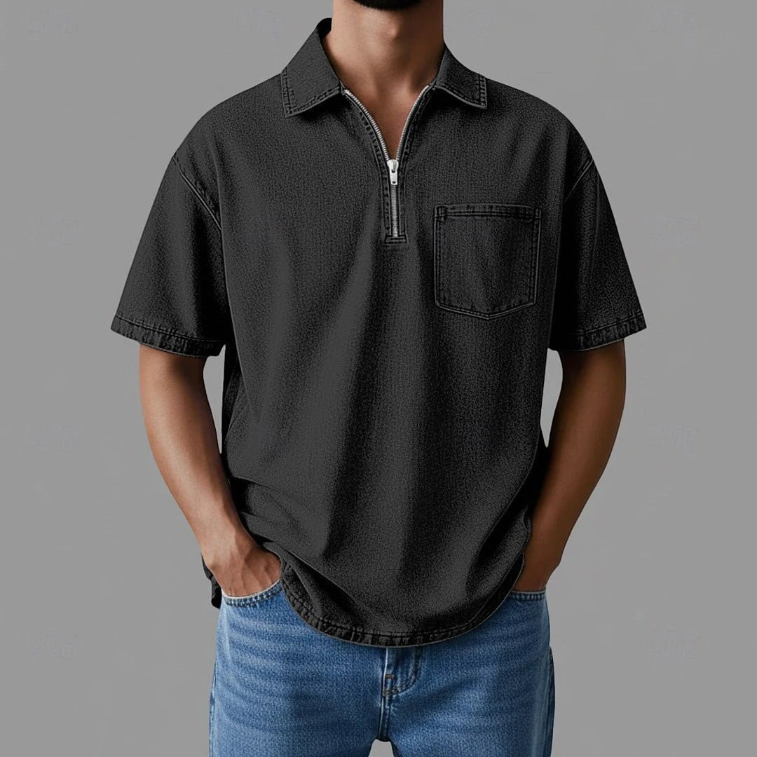 Men's Casual Short Sleeve Polo Shirt with Zip Neck and Pockets