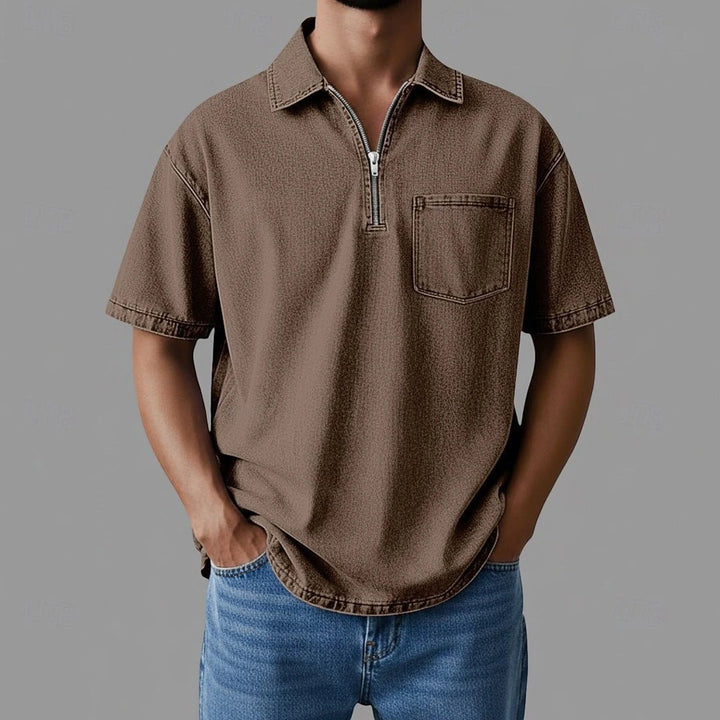 Men's Casual Short Sleeve Polo Shirt with Zip Neck and Pockets