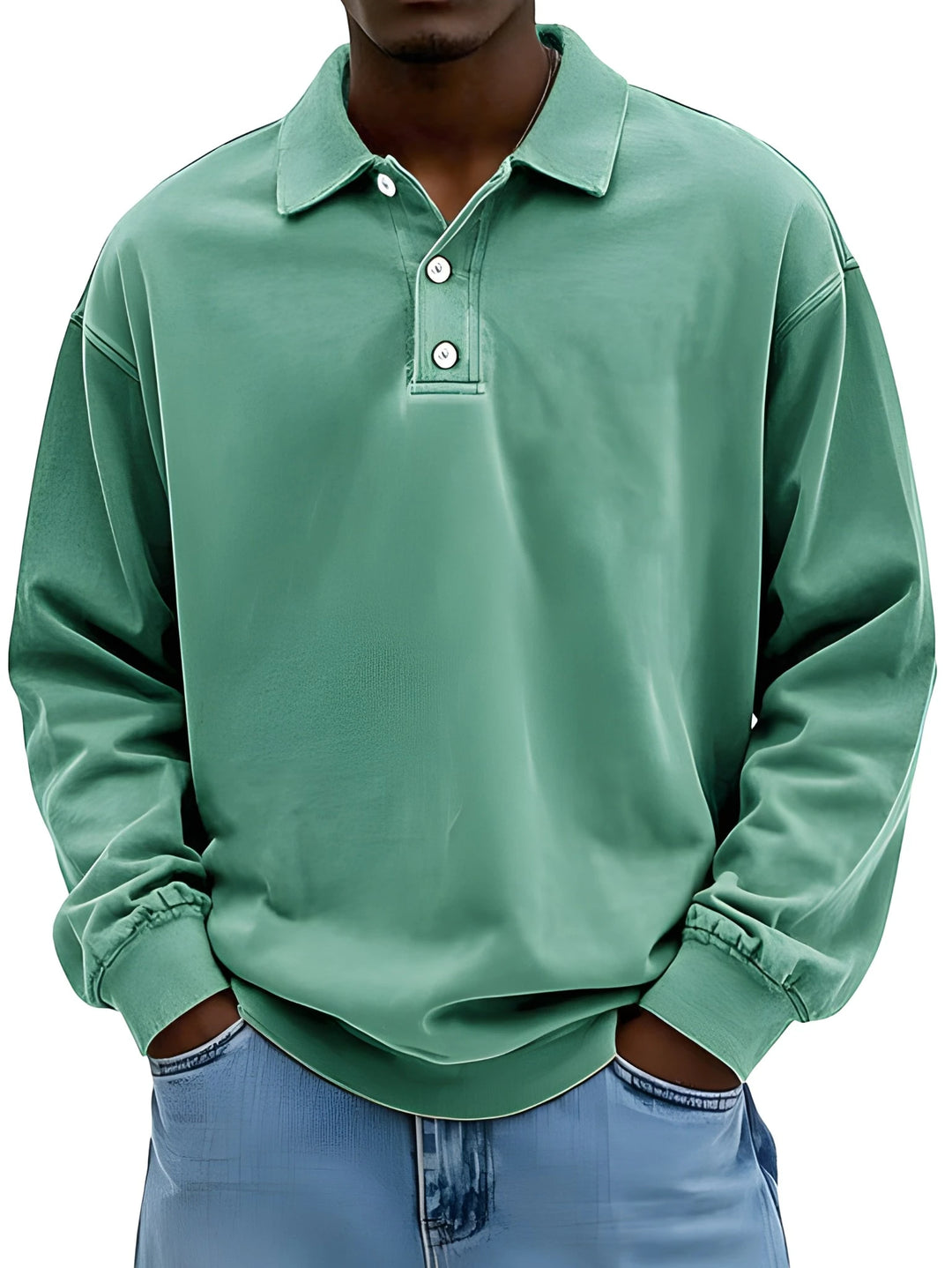 Men's Vintage Oversized Polo Shirt with Long Sleeve and V-Neck