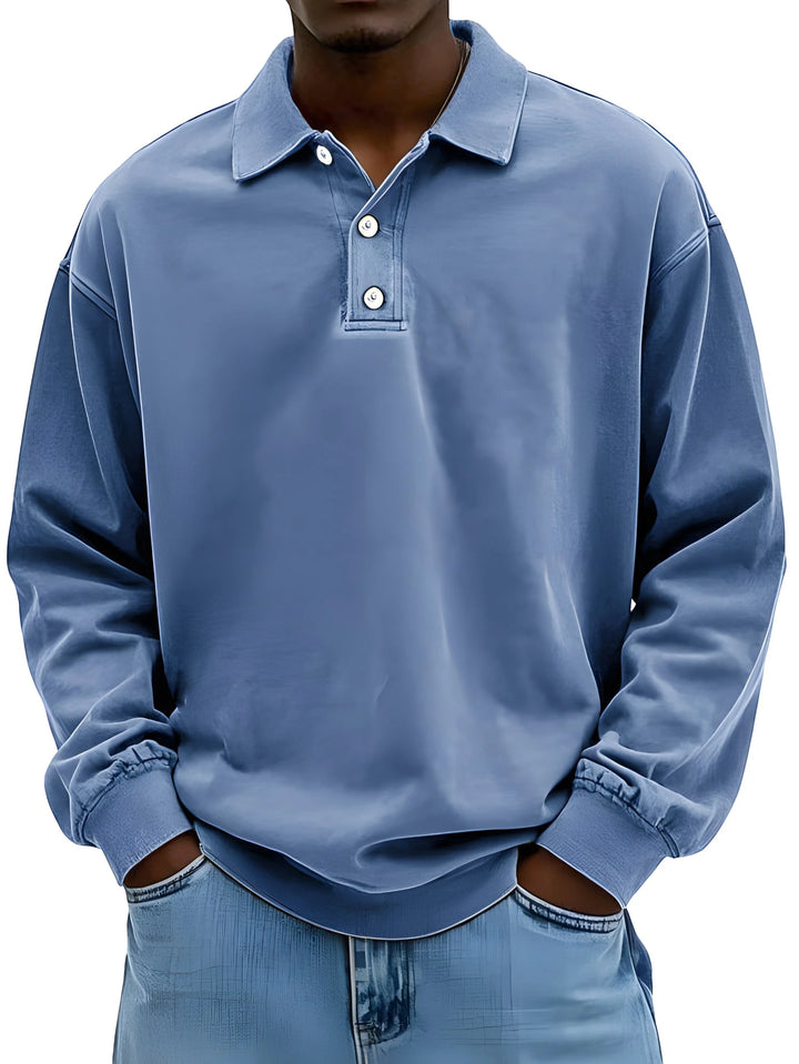 Men's Vintage Oversized Polo Shirt with Long Sleeve and V-Neck