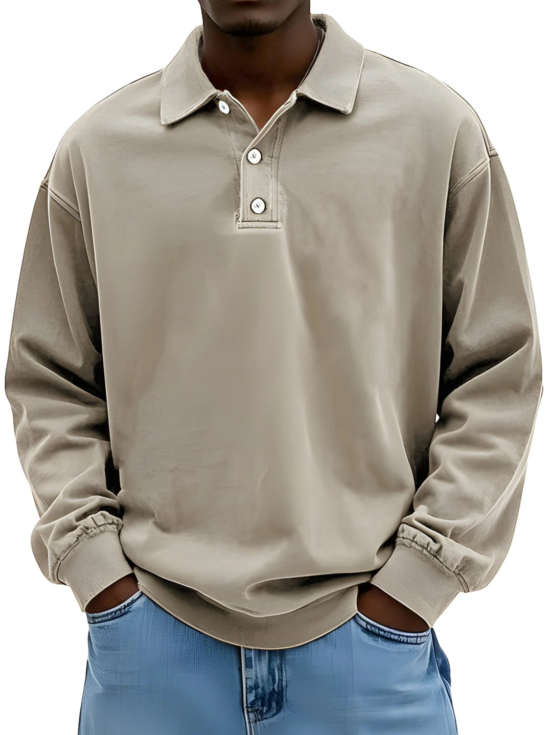 Men's Vintage Oversized Polo Shirt with Long Sleeve and V-Neck