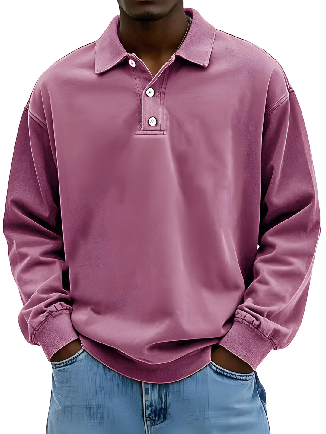 Men's Vintage Oversized Polo Shirt with Long Sleeve and V-Neck