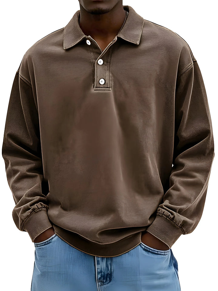 Men's Vintage Oversized Polo Shirt with Long Sleeve and V-Neck