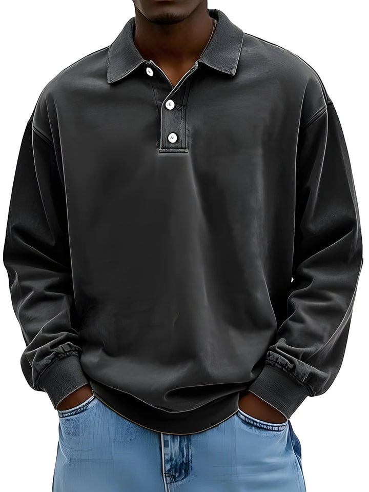 Men's Vintage Oversized Polo Shirt with Long Sleeve and V-Neck