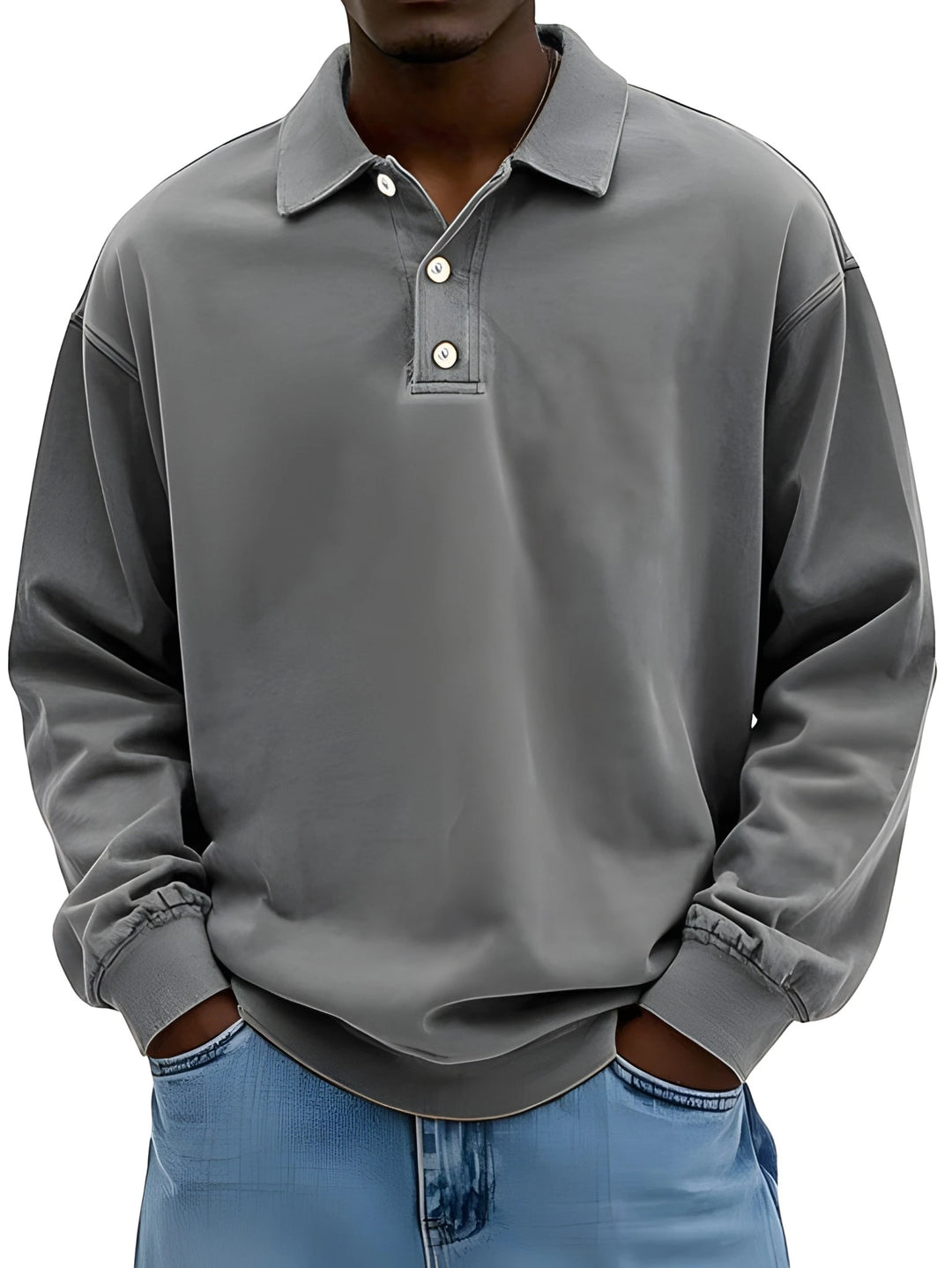 Men's Vintage Oversized Polo Shirt with Long Sleeve and V-Neck