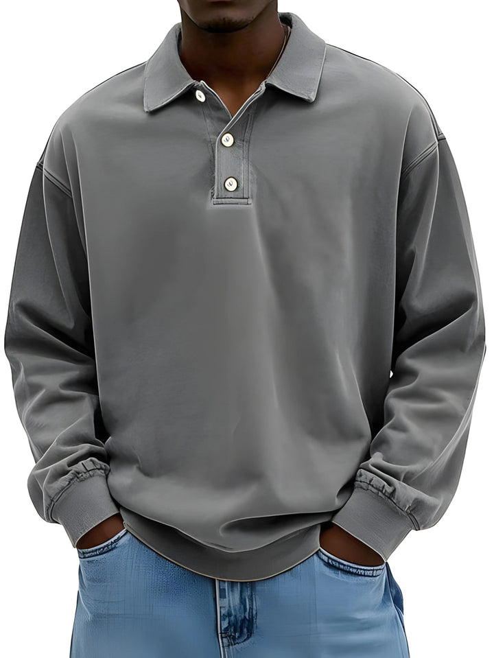 Men's Vintage Oversized Polo Shirt with Long Sleeve and V-Neck