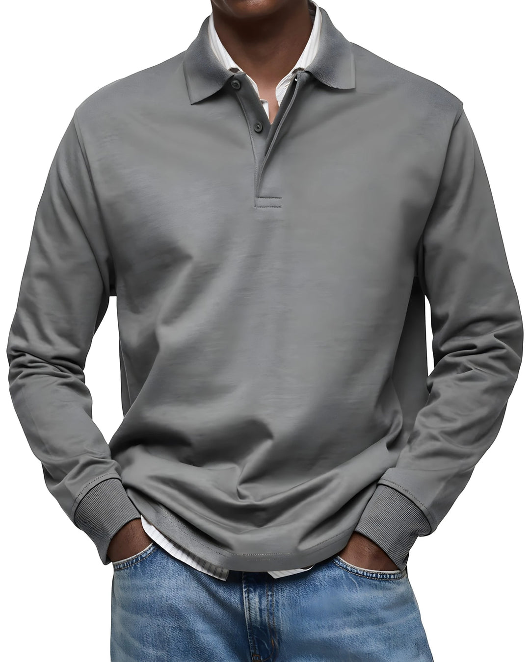 Men's Vintage Slim Fit Polo Shirt with Long Sleeve and V-Neck