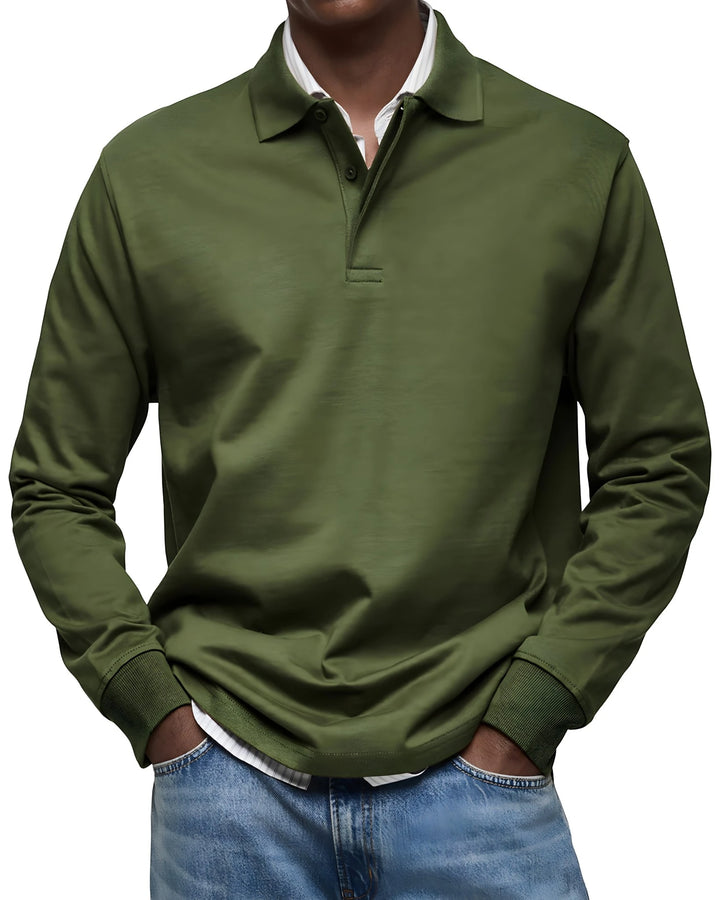 Men's Vintage Slim Fit Polo Shirt with Long Sleeve and V-Neck