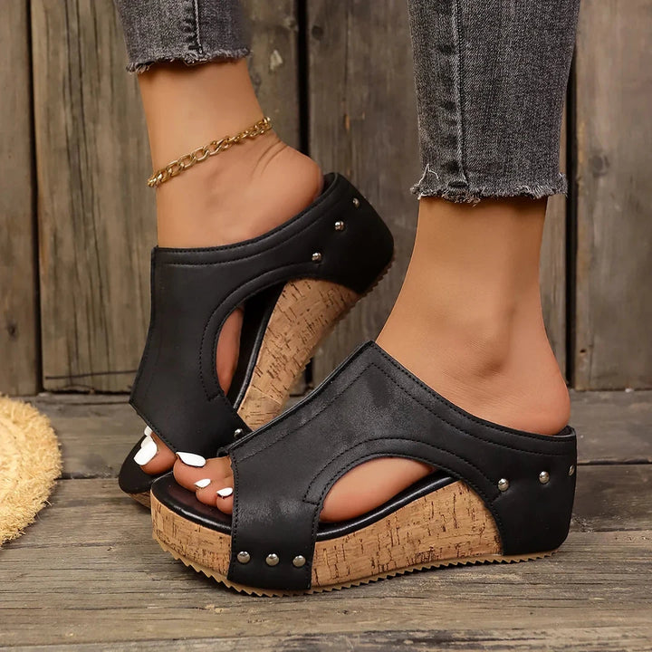 Women's Slip On Open Toe Wedges with Cushioned and Slip Resistant