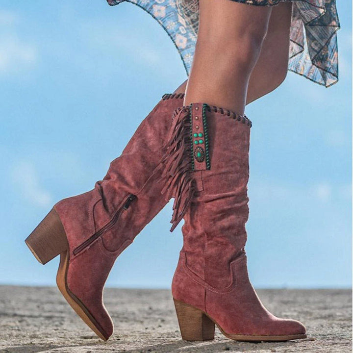 Women's Cowboy Knee High Boots with Block Heel and Wide Fit
